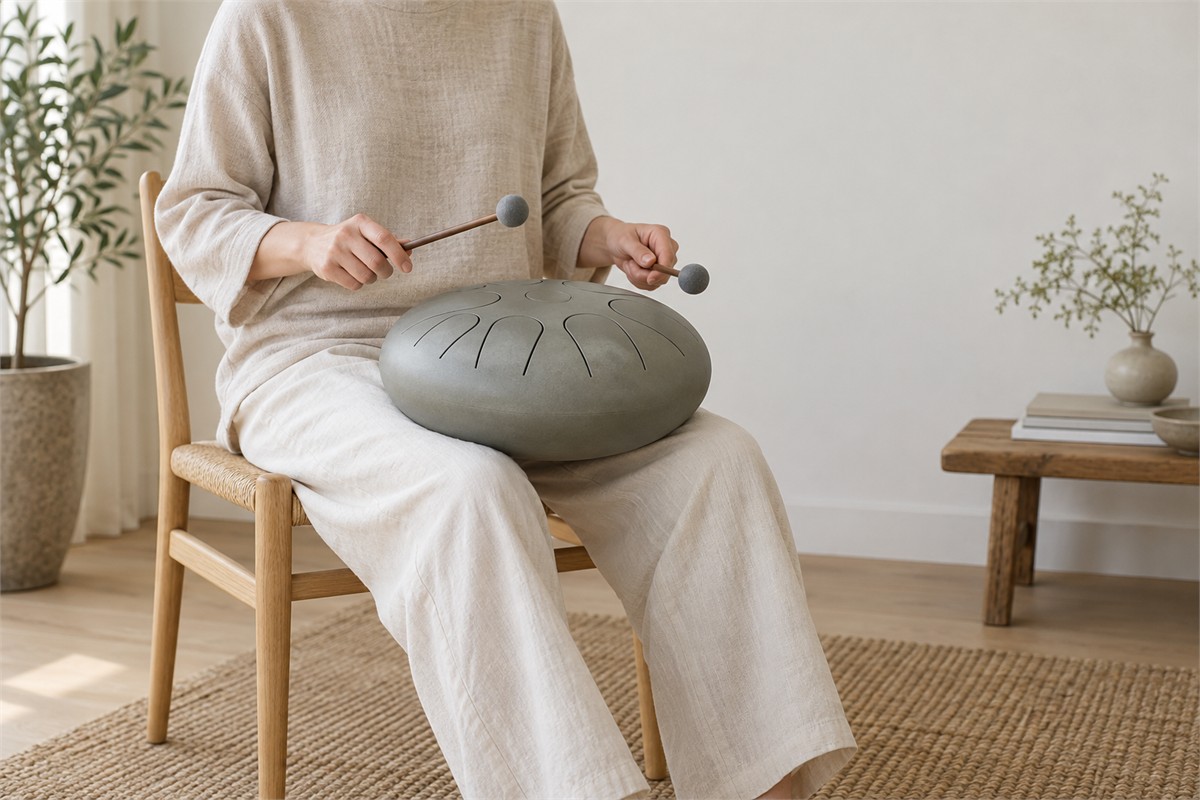 A large gray steel tongue drum rests level on an adult’s lap.