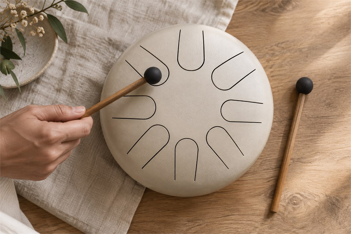 An adult-held rubber mallet hovers over a cut tongue on a cream steel tongue drum.