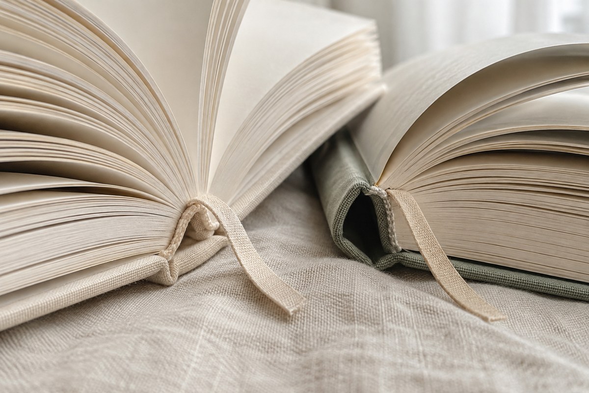Two differently bound contemporary books lie open with their page edges facing the viewer.