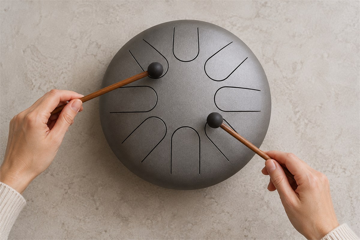 Two soft mallets are held above separate tongues on an unlabelled steel drum.