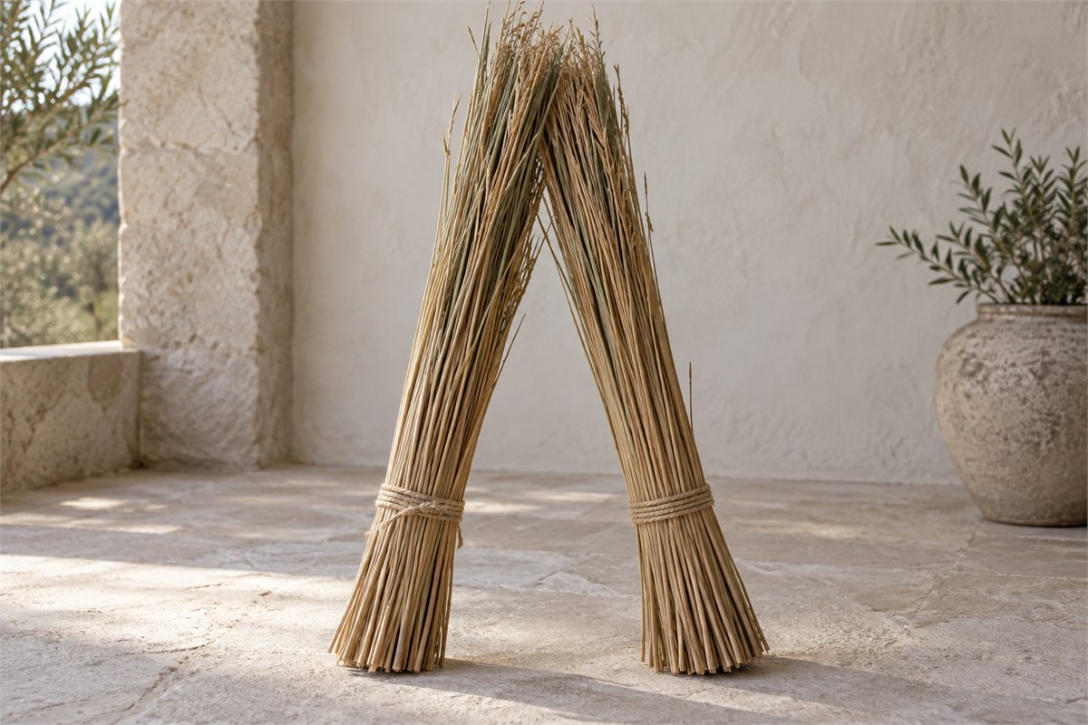Two tied bundles of dried reeds lean against one another on a stone surface.