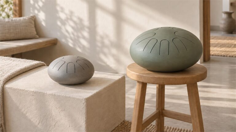 Small gray and larger sage-green steel tongue drums in a quiet daylight room.