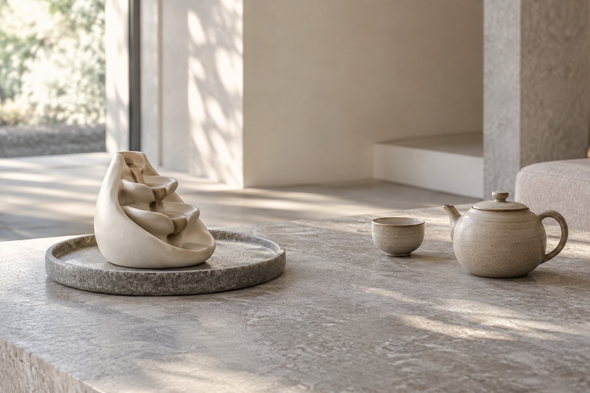 An unlit ceramic burner on a stone tray with a tea cup resting well apart on the stone table.