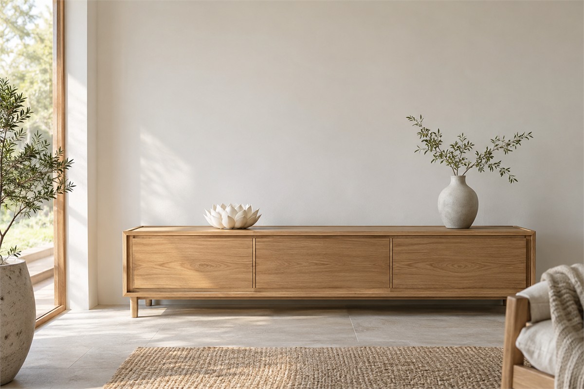 Empty lotus burner displayed on a quiet oak sideboard