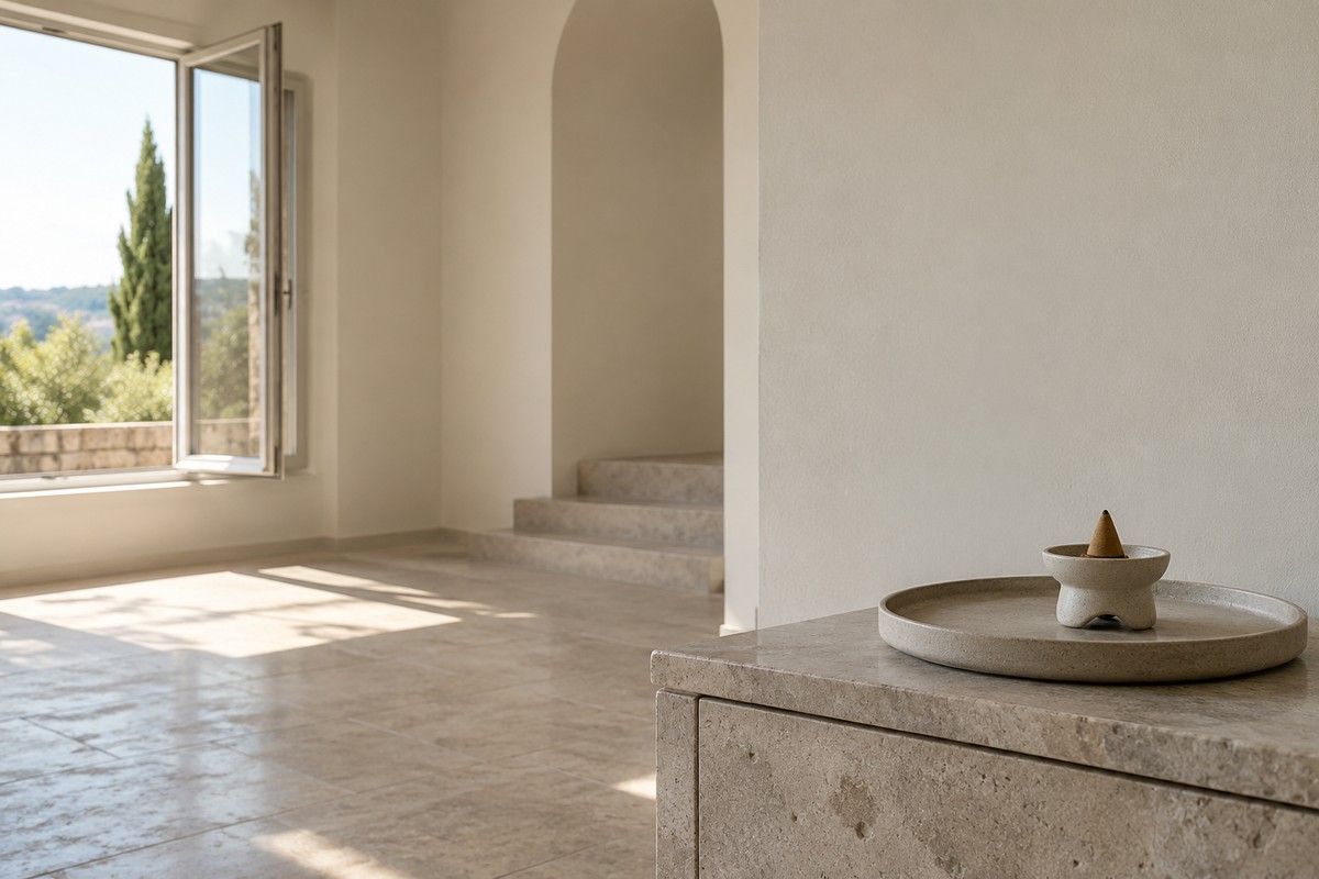 A small burner on a stone-topped console set away from an open window across an airy room.