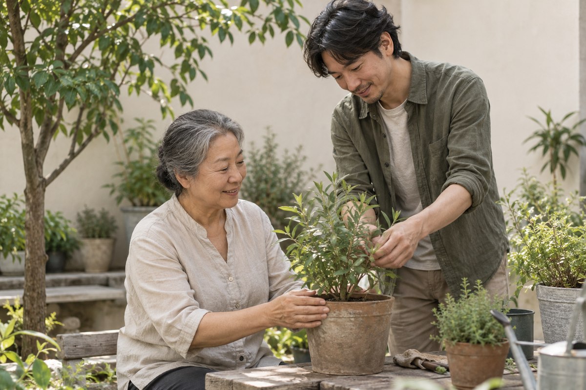 Two adults tending a potted plant together in a small garden.