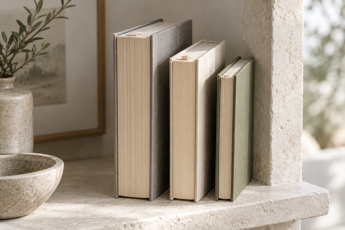 Three differently sized unlabelled book volumes show contrasting bindings and page edges.