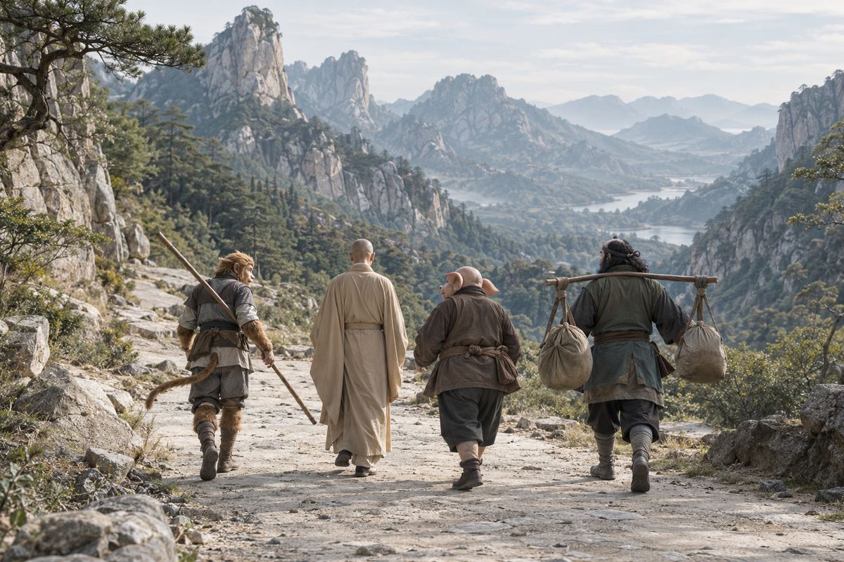 A robed monk and three distinct companions follow a mountain path.