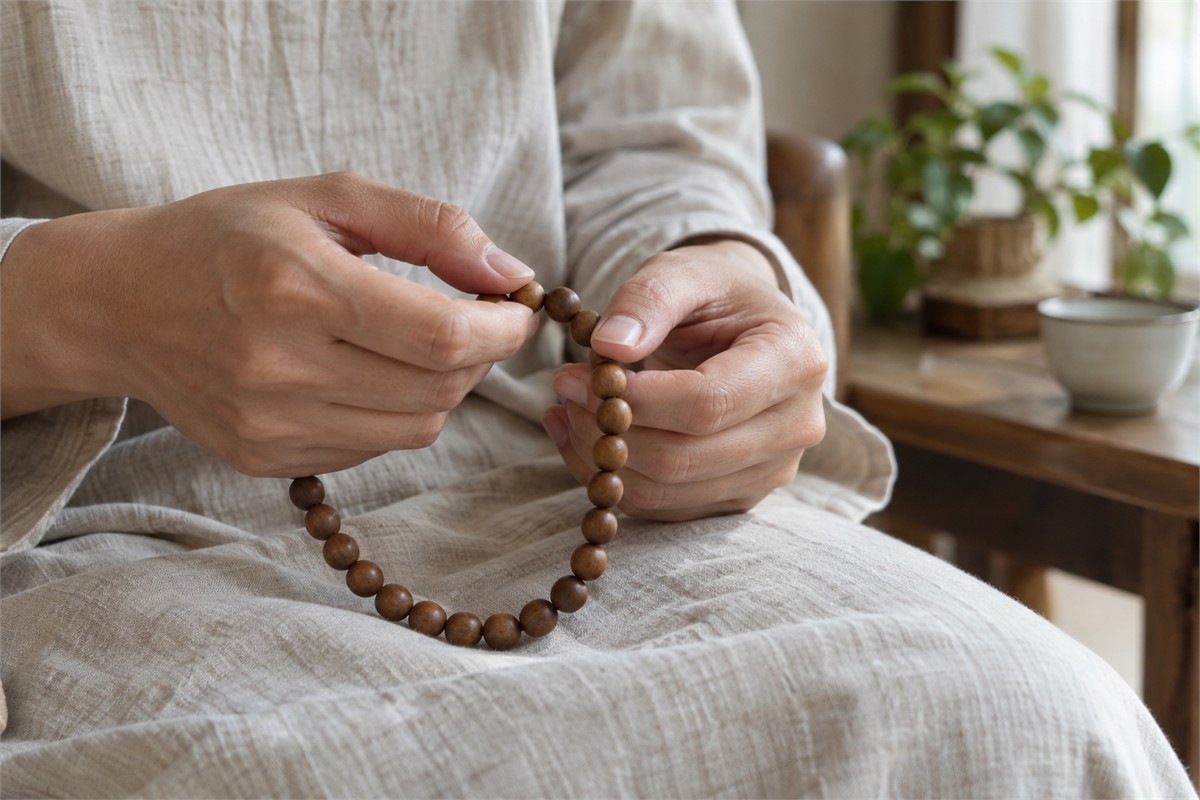 An adult gently moves a plain wooden bead loop through relaxed fingers.