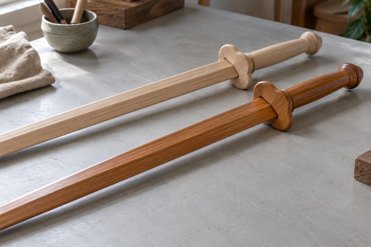 Two plain wooden swords with lighter matte and warmer satin surfaces lie side by side.