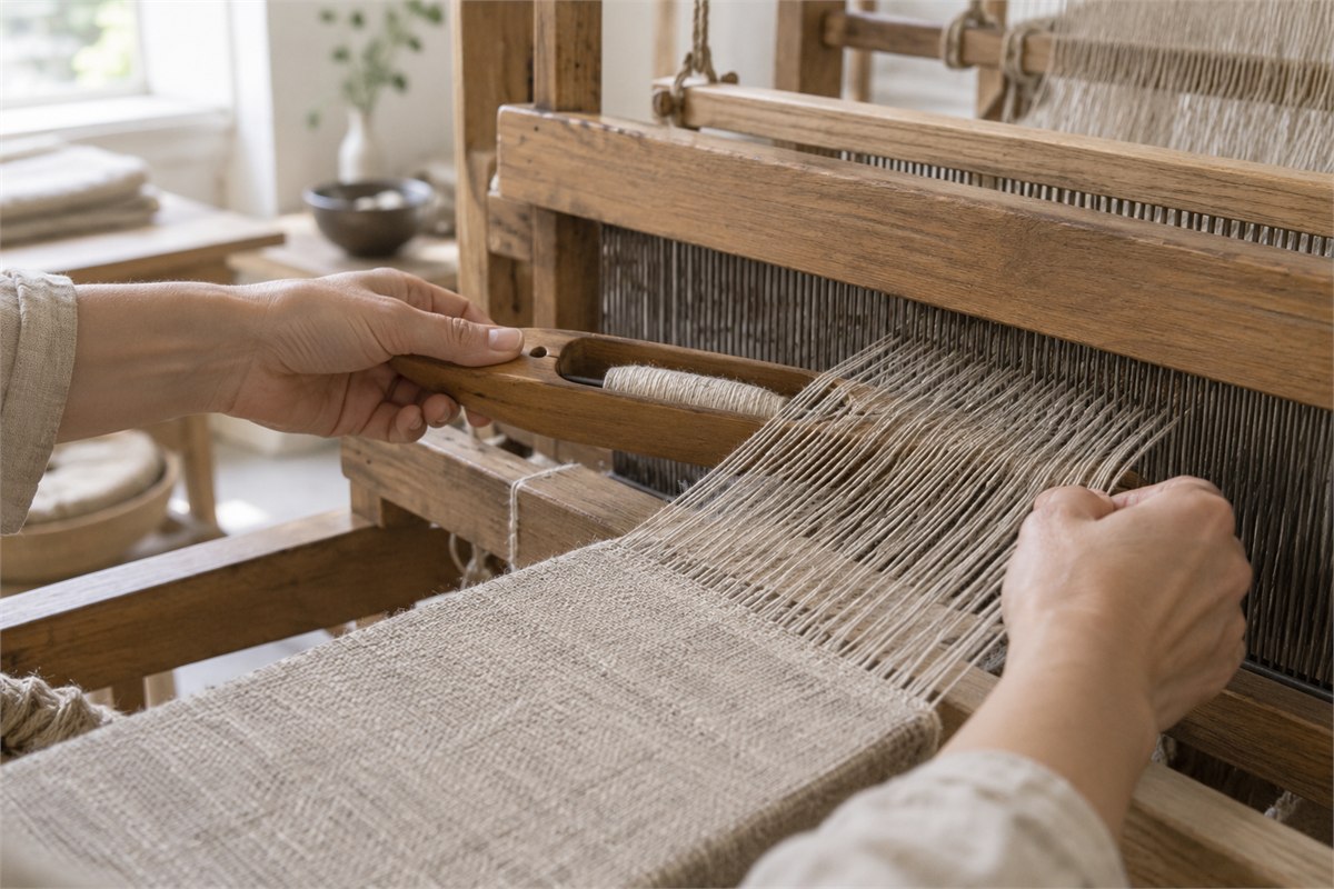 Hands guide natural linen threads through a small wooden loom.
